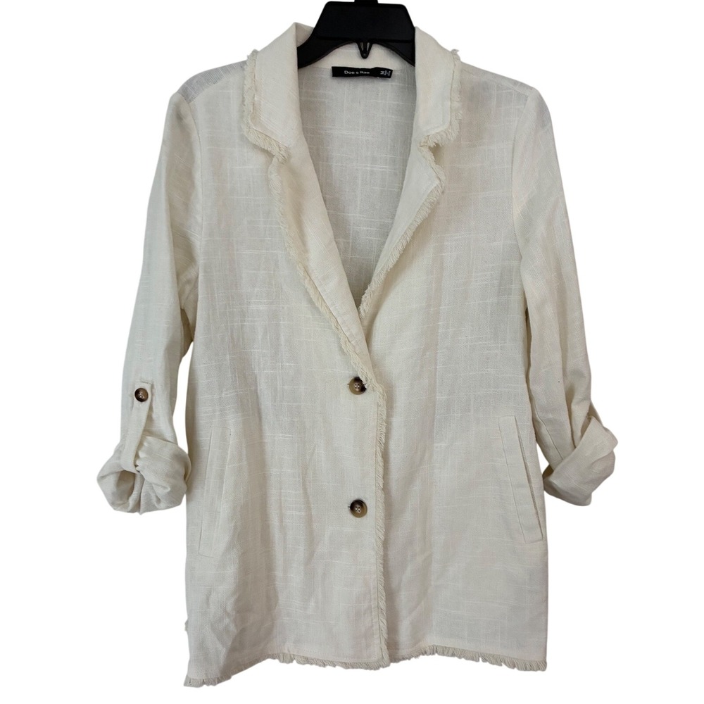 Doe & Rae Linen Blend Blazer Womens Medium Ivory Frayed Edge Roll Tab Sleeve
